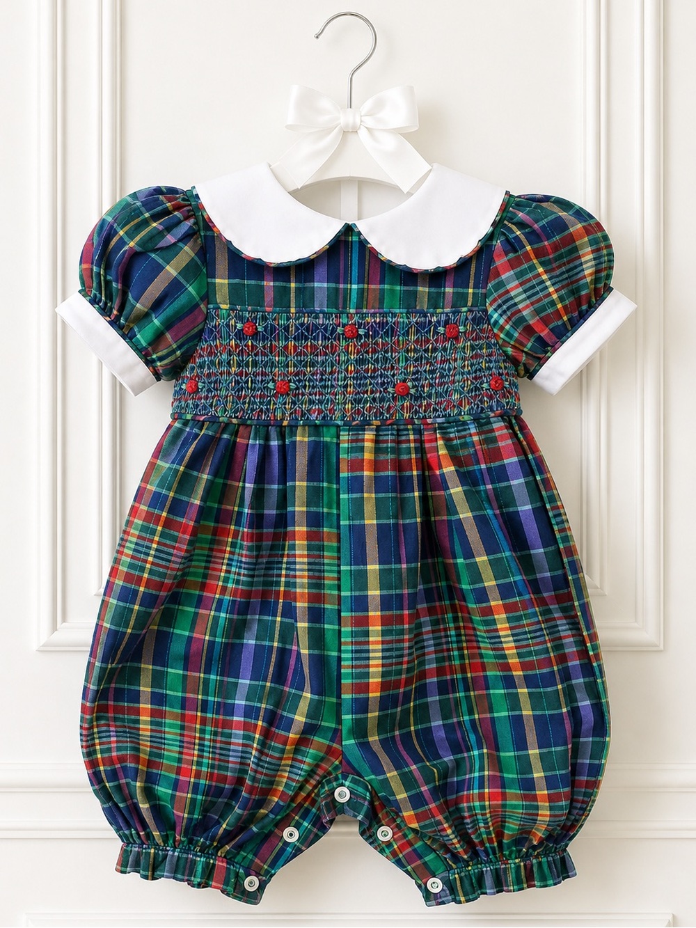 Vintage Strasburg 12M Plaid Smocked Romper Baby Girls Peter Pan Collar RARE